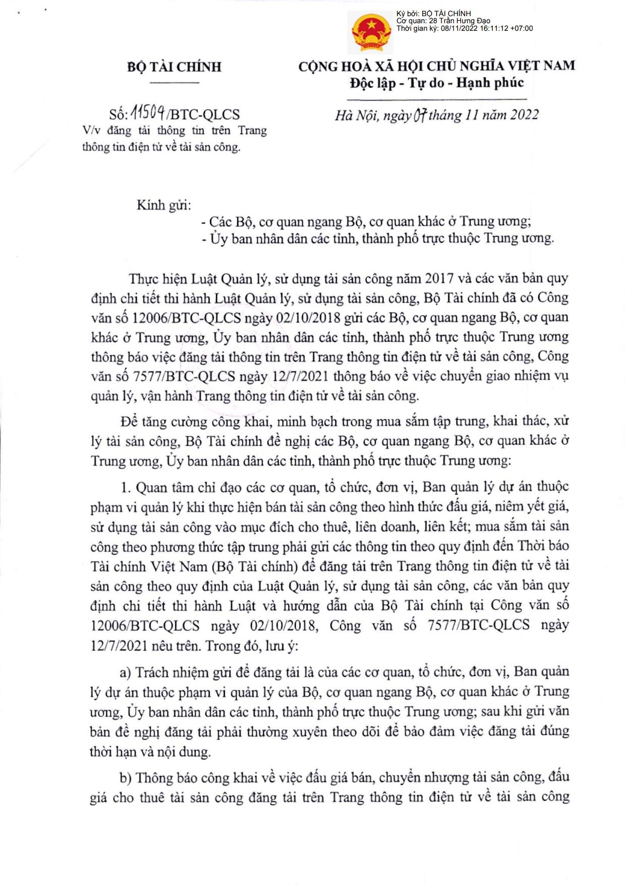 Công văn số 11504/BTC- QLCS về đăng tải thông tin trên Trang thông tin điện tử về tài sản công