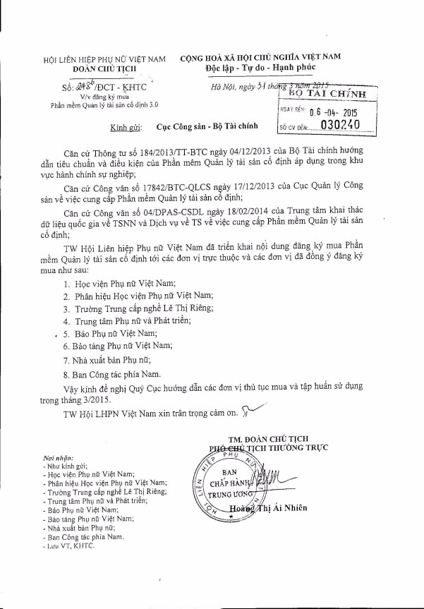 Công văn số 248/ĐTC-KHTC ngày 31/03/2015 của Hội Liên hiệp phụ nữ Việt Nam về việc đăng ký mua Phần mềm Quản lý tài sản cố định