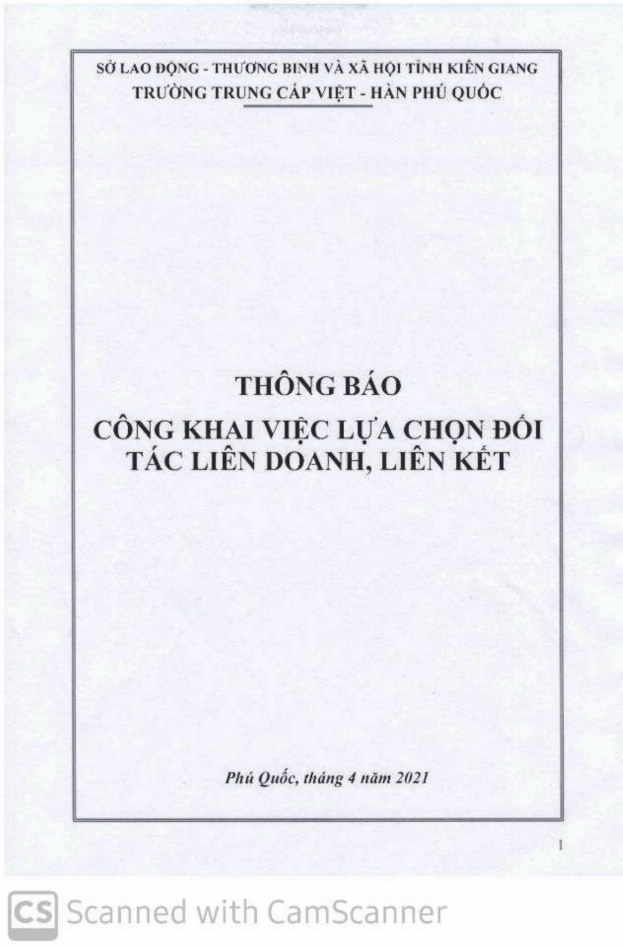 Trường Trung cấp Việt - Hàn Phú Quốc: Thông báo công khai việc lựa chọn đối tác liên doanh, liên kết