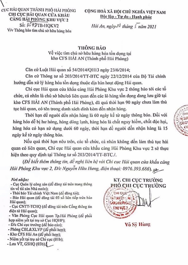Chi cục HQCK cảng Hải Phòng Khu vực 2: Thông báo tìm chủ sở hữu hàng hoá tồn đọng tại kho CFS Hải An (TP. Hải Phòng)