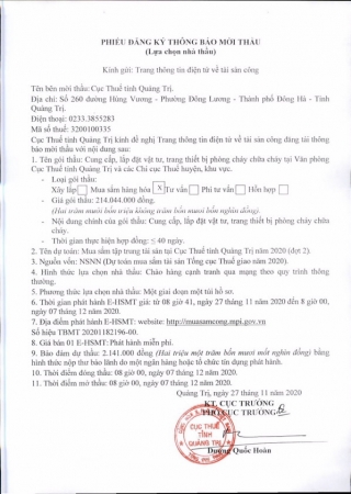 thong bao moi thau goi thau cung cap lap dat vat tu trang thiet bi phong chay chua chay tai van phong cuc thue tinh quang tri va cac chi cuc thue huyen khu vuc