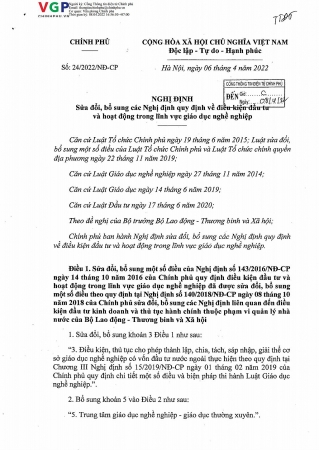 Nghị định số 24/2022/NĐ-CP của Chính phủ: Sửa đổi, bổ sung các Nghị định quy định về điều kiện đầu tư và hoạt động trong lĩnh vực giáo dục nghề nghiệp