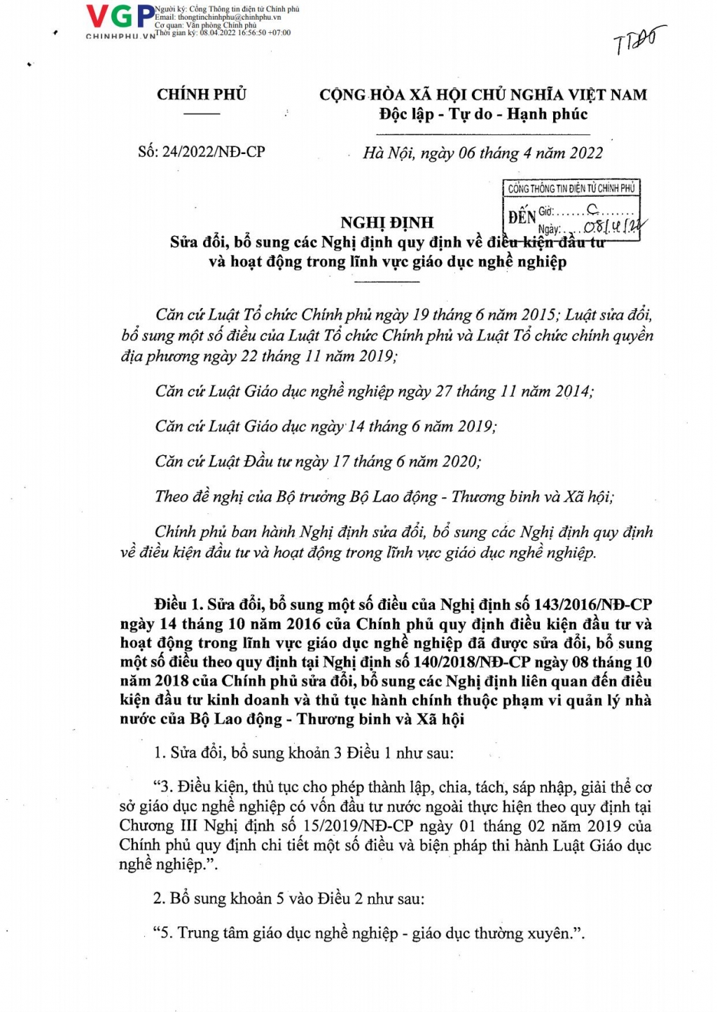 Nghị định số 24/2022/NĐ-CP của Chính phủ: Sửa đổi, bổ sung các Nghị định quy định về điều kiện đầu tư và hoạt động trong lĩnh vực giáo dục nghề nghiệp