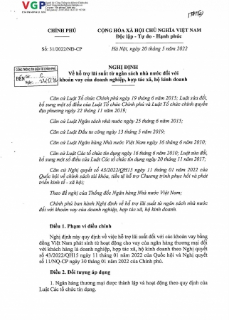 Nghị định số 31/2022/NĐ-CP của Chính phủ: Hỗ trợ lãi suất từ ngân sách nhà nước đối với khoản vay của doanh nghiệp, hợp tác xã, hộ kinh doanh