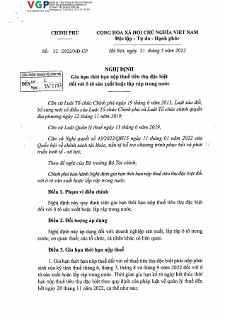 Nghị định số 32/2022/NĐ-CP của Chính phủ: Gia hạn thời hạn nộp thuế tiêu thụ đặc biệt đối với ô tô sản xuất hoặc lắp ráp trong nước