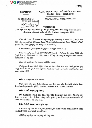 Nghị định số 34/2022/NĐ-CP của Chính phủ: Gia hạn thời hạn nộp thuế giá trị gia tăng, thuế thu nhập doanh nghiệp, thuế thu nhập cá nhân và tiền thuê đất trong năm 2022