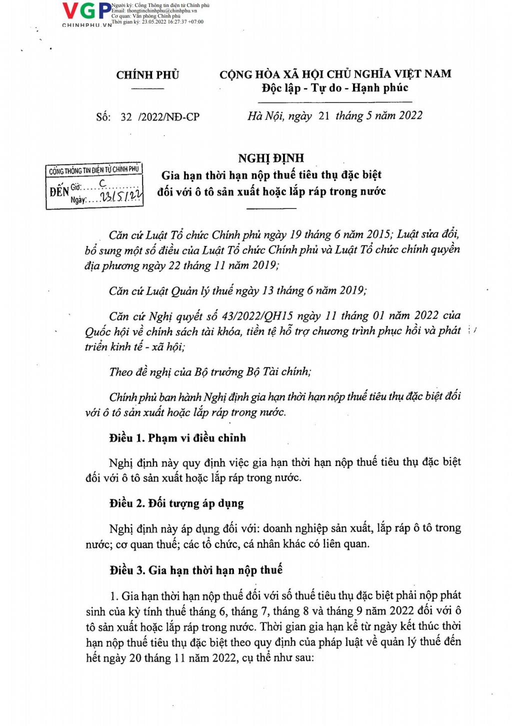 Nghị định số 32/2022/NĐ-CP của Chính phủ: Gia hạn thời hạn nộp thuế tiêu thụ đặc biệt đối với ô tô sản xuất hoặc lắp ráp trong nước