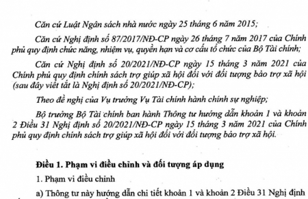 Thông tư số 76/2021/TT-BTC của Bộ Tài chính : Hướng dẫn khoản 1 và khoản 2 Điều 31 Nghị định số 20/2021/NĐ-CP ngày 15 tháng 3 năm 2021 của Chính phủ quy định chính sách trợ giúp xã hội đối với đối tượng bảo trợ xã hội