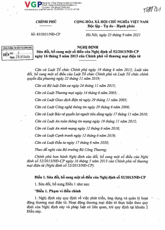 Nghị định số 85/2021/NĐ-CP của Chính phủ: Sửa đổi, bổ sung một số điều của Nghị định số 52/2013/NĐ-CP ngày 16 tháng 5 năm 2013 của Chính phủ về thương mại điện tử
