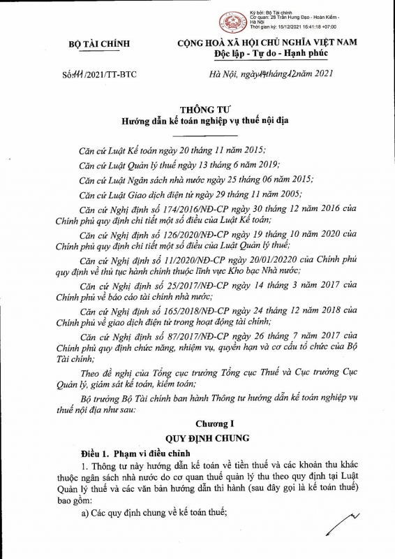 Thông tư số 111/2021/TT-BTC của Bộ Tài chính: Hướng dẫn kế toán nghiệp vụ thuế nội địa