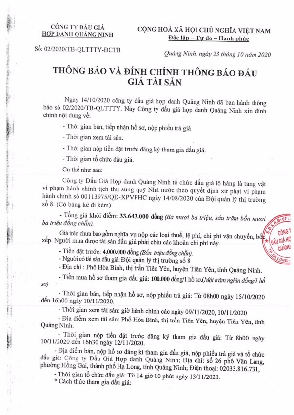 Công ty đấu giá hợp danh Quảng Ninh thông báo đính chính